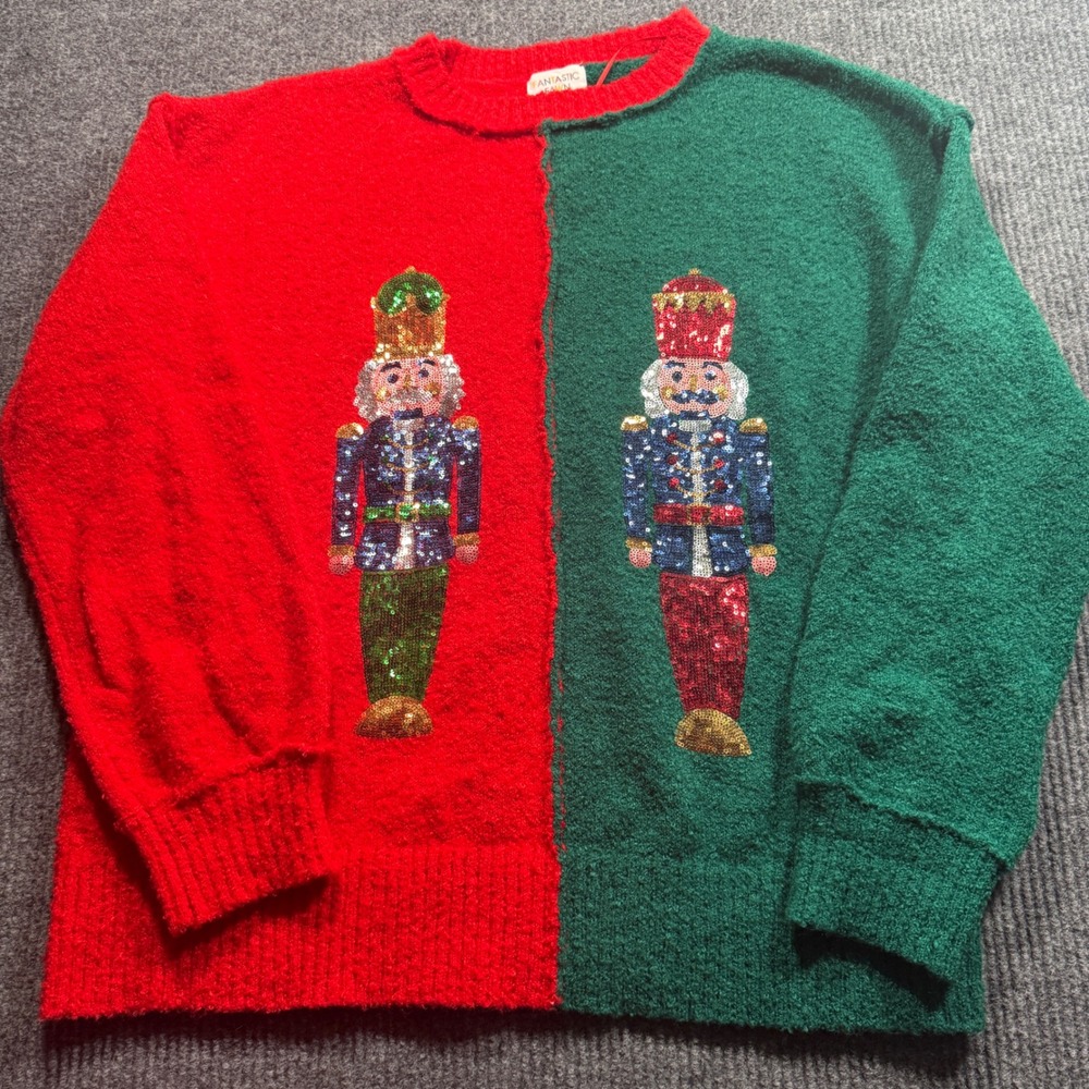 Fantastic Fawn Nutcracker Sweater Womens L Red Green Sequin Christmas Holiday